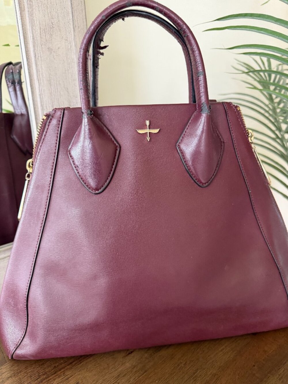 Pour La Victoire Yves Tote Burgundy Leather Gold Hardware Structured Satchel